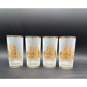 Vintage Culver Gold Clipper Ships Frosted Highball Glass Set of 4
